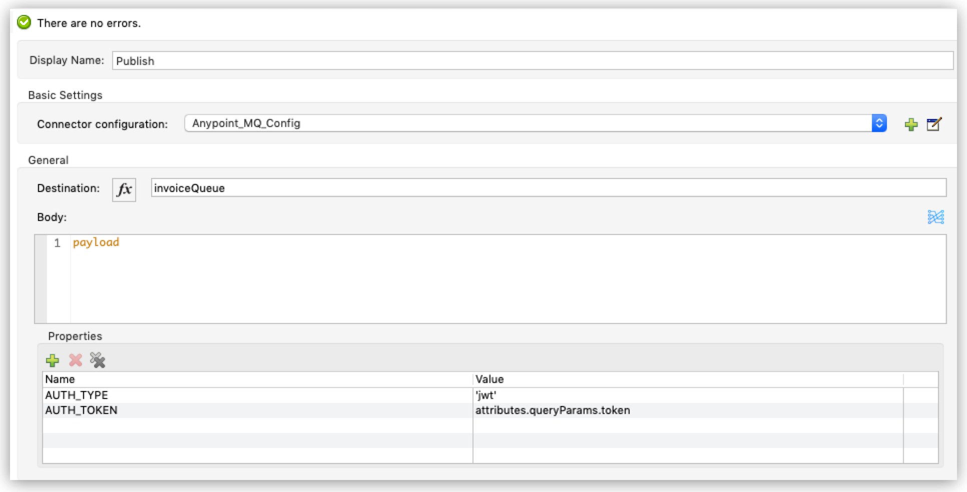 Connector configuration showing AUTH_TYPE and AUTH_TOKEN attributes