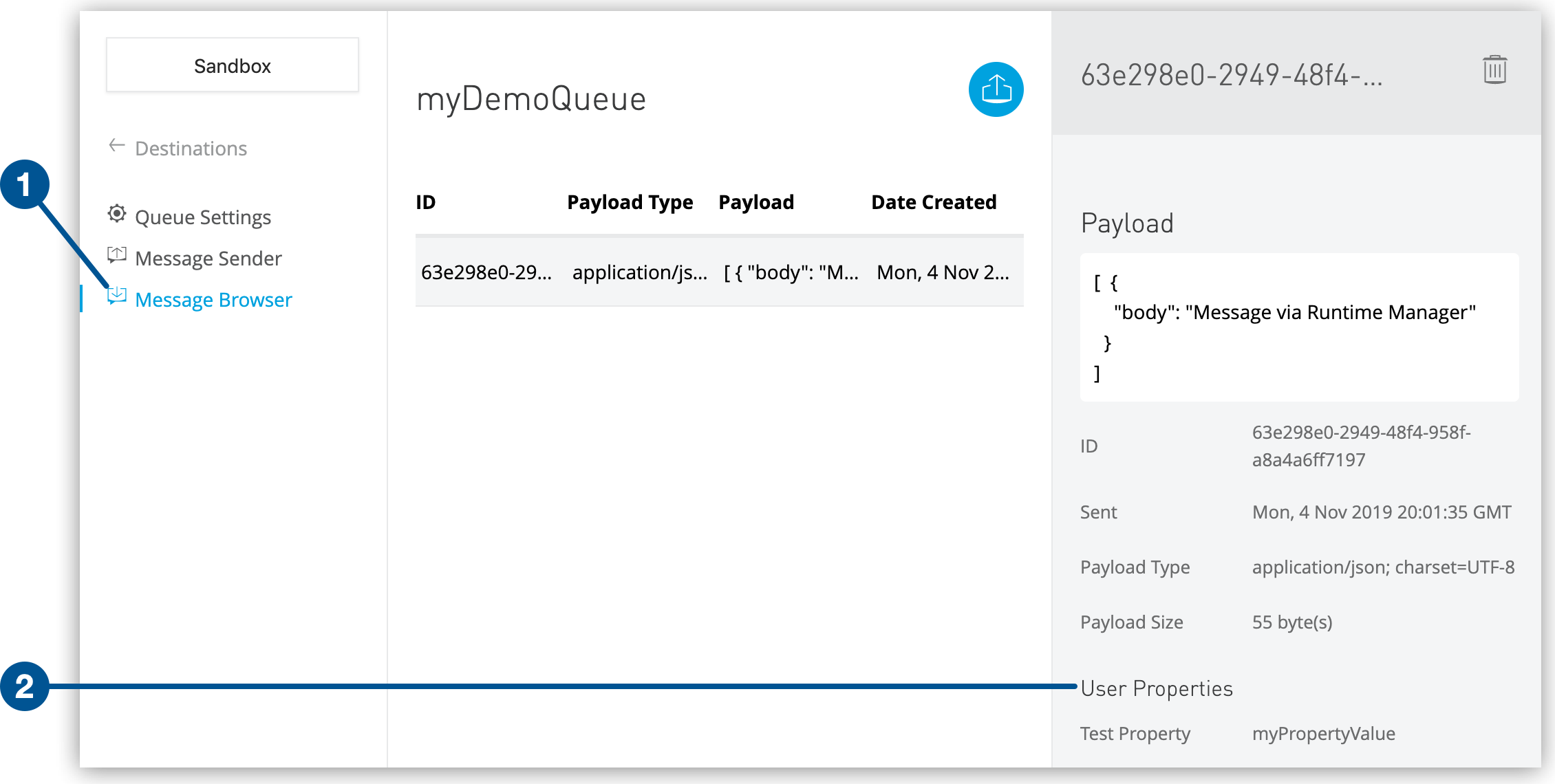 Message Browser showing the message’s user properties