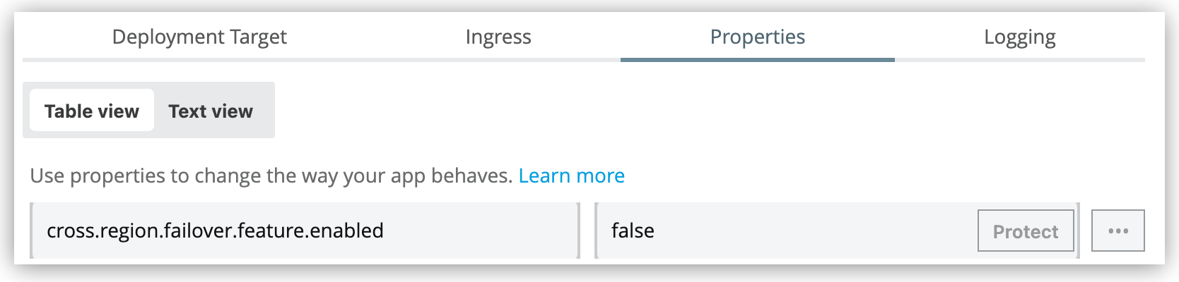 Properties tab with failover system property set to false