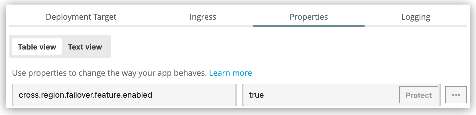 Properties tab with failover system property set to true