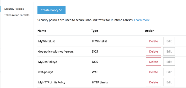 Blue Create Policy button located above the table of security policies, which lists the name, type, and action.