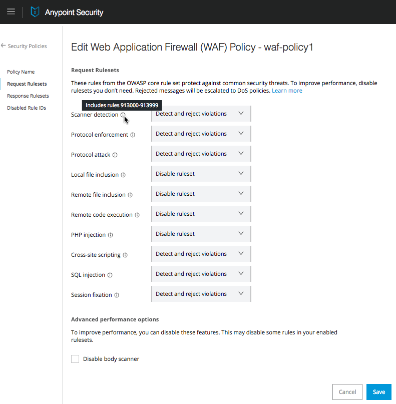 Rule ID range is displayed for Scanner detection as a pop-up message.