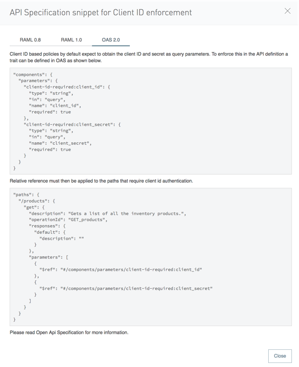 The API Specification Snippet page with OAS 2.0 selected.