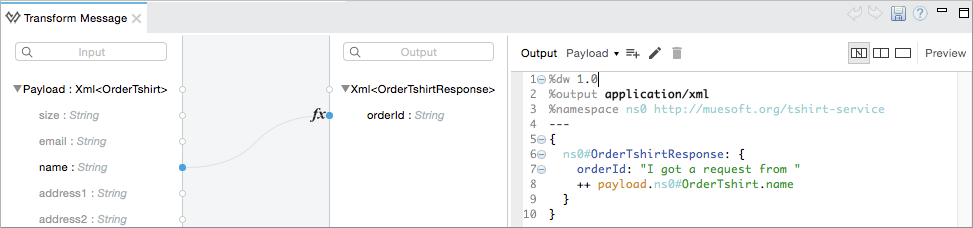 *Transform Message* tab with the payload output.