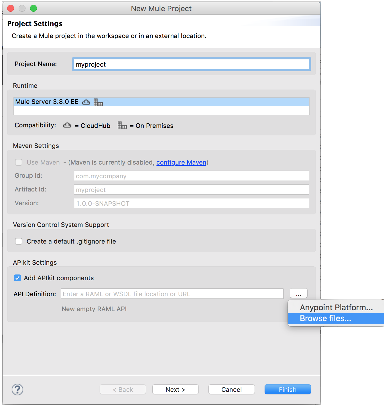 Project Settings for a New Mule Project, including Project Name, Runtime, Maven Settings, Version Control System Support, APIkit Settings, and API Definition.