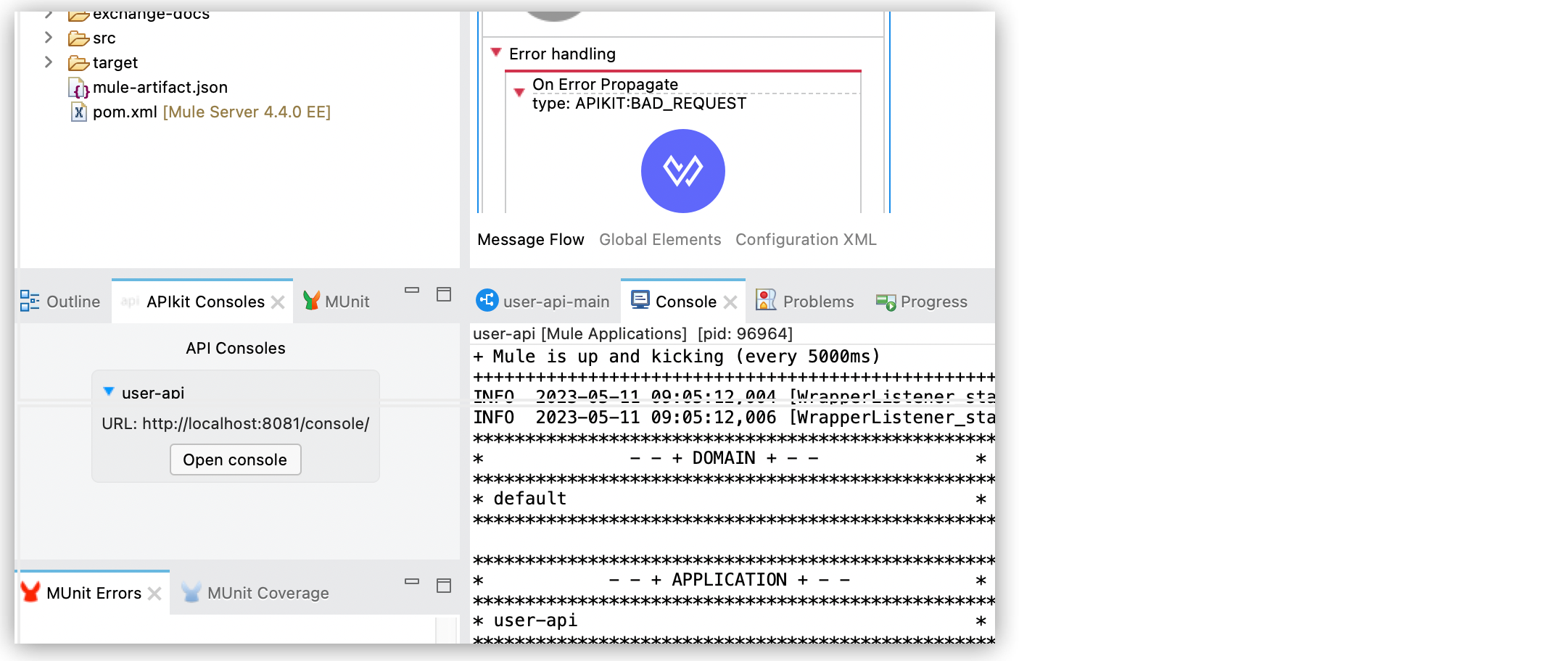 APIkit console tab displays the location of the basepoint URL in the window.