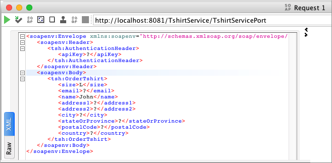 Request window showing the SOAP envelope header