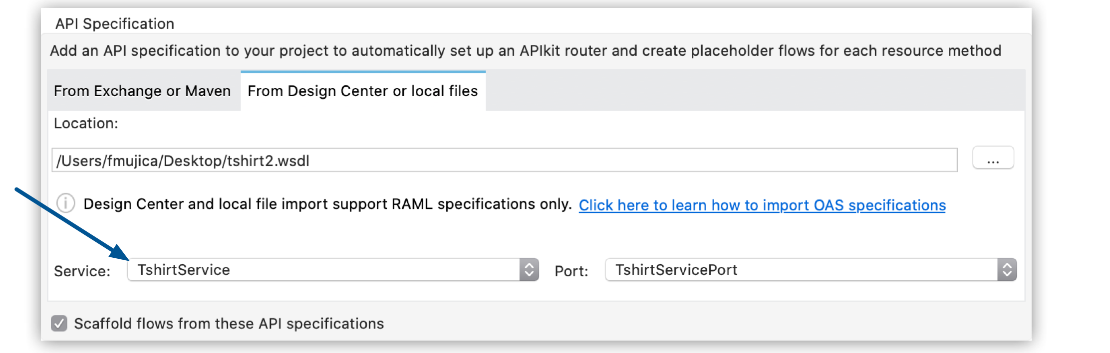 API specification window that highlights the service and the port from the menu