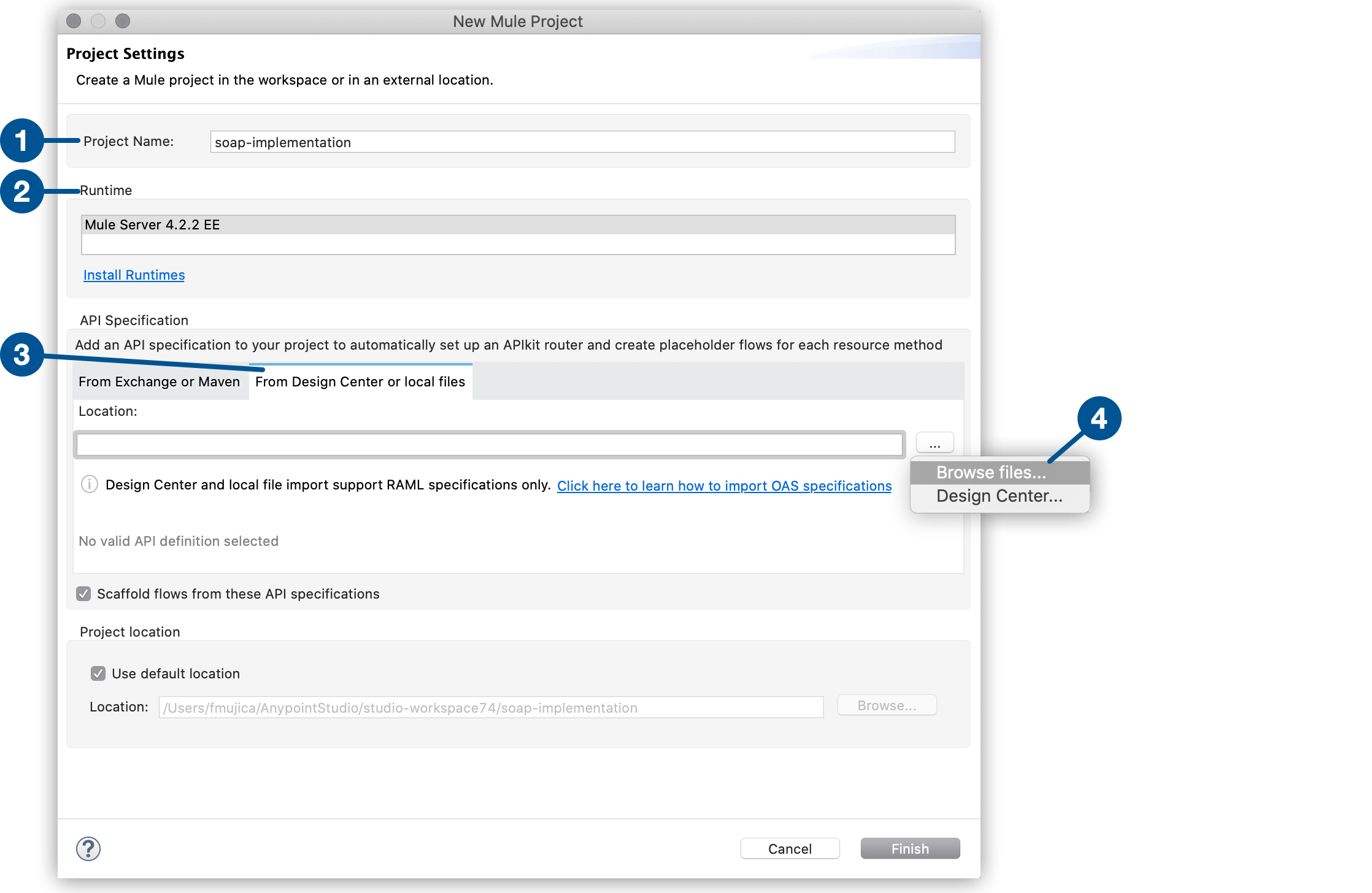 New Mule project window that highlights the project-name field, runtime engine, *From Design Center or Local Files* tab, and expand icon for browsing files