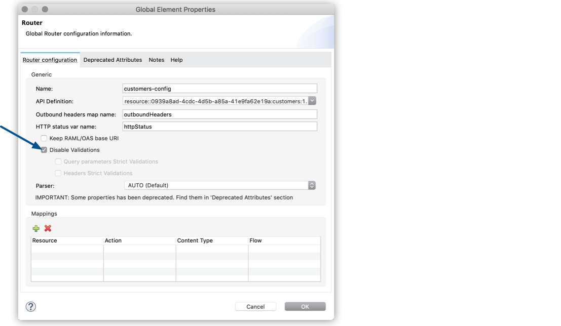 *Disable validations* option highlighted in the router configuration tab