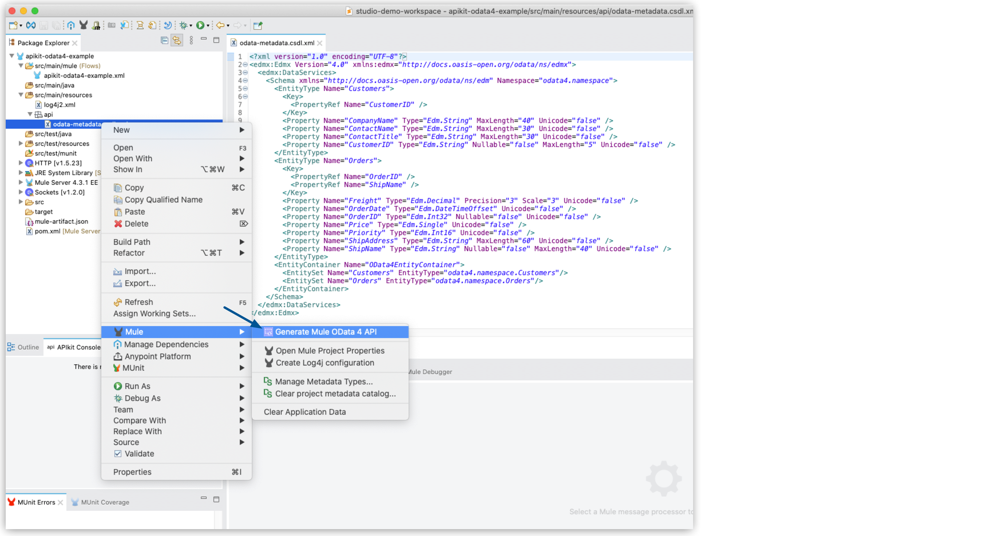 The path to the Generate Mule OData 4 API option highlighted