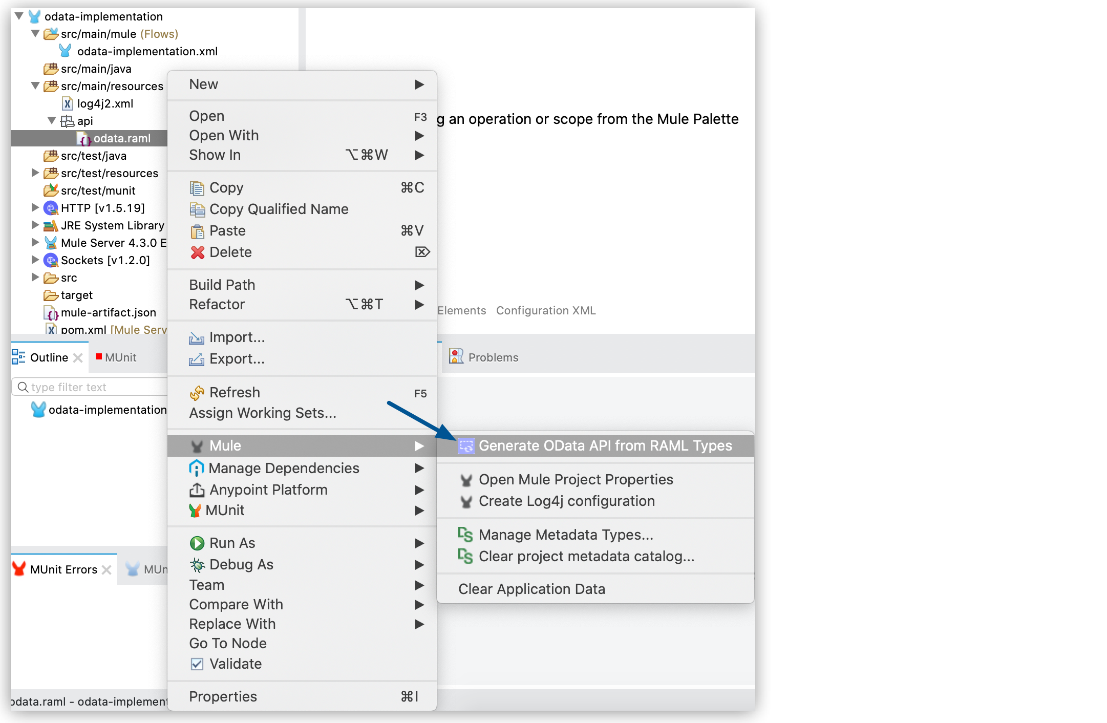 A window highlighting the full path to the generate OData API from RAML types option.