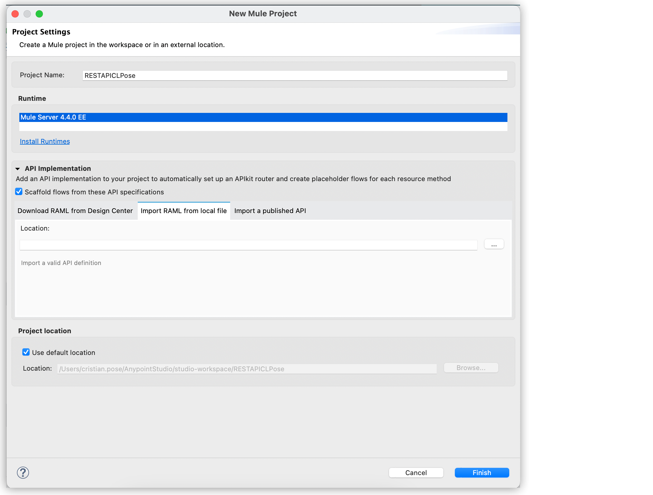 *Import RAML from local file* highlighted in the API implementation section