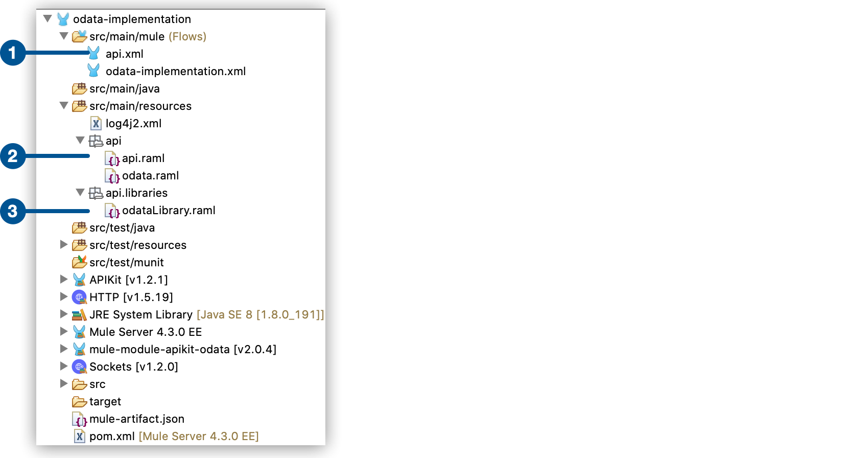 Three files highlighted in the tree: api.xml in the Mule folder, and api.raml and odatalibrary.raml files in the resource folder.