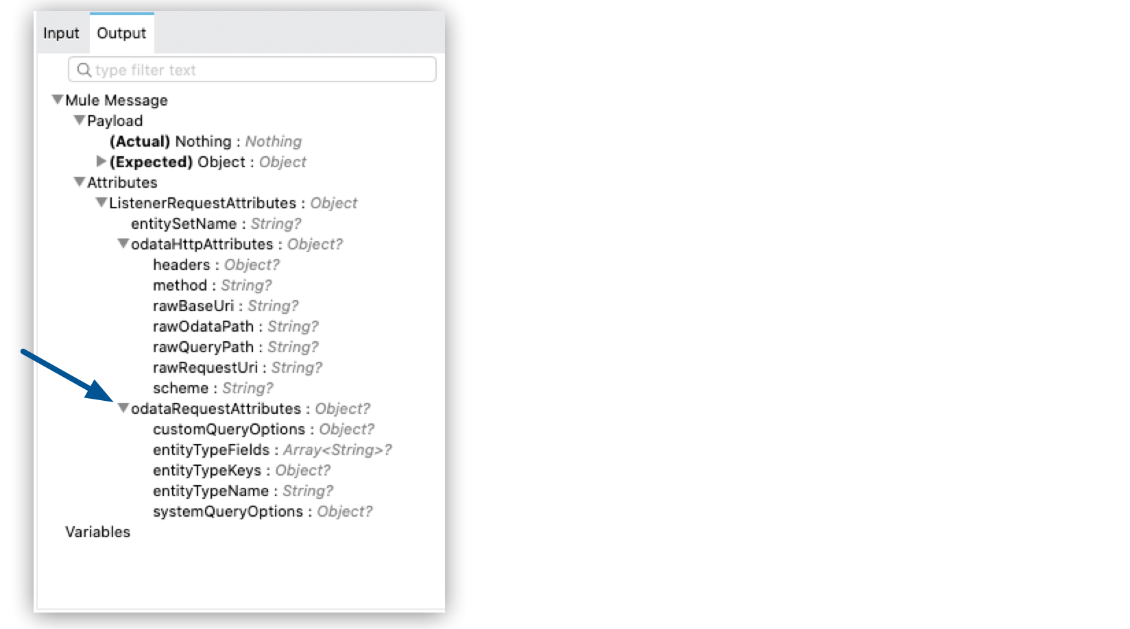 odataRequestAttributes highlighted in the output tab, within the Mule message, under attributes