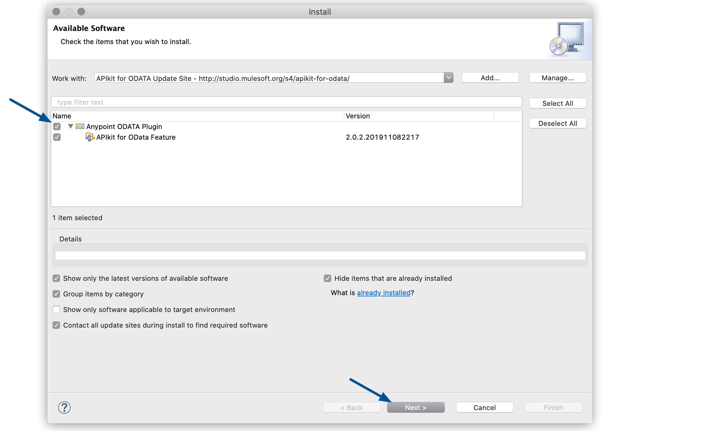 Window highlighting the Anypoint OData plugin field and the Next button