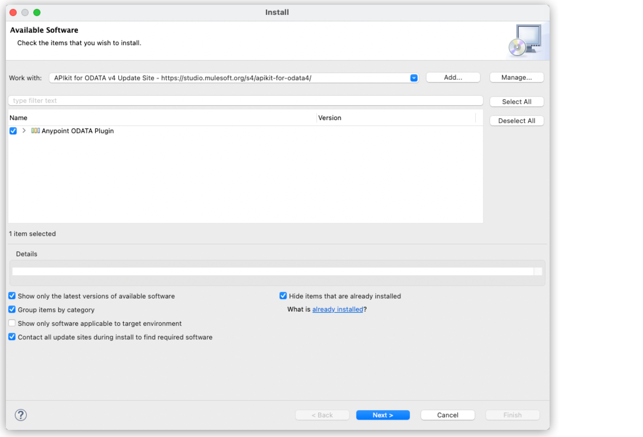 Window highlighting the Anypoint OData plugin field with the Next button