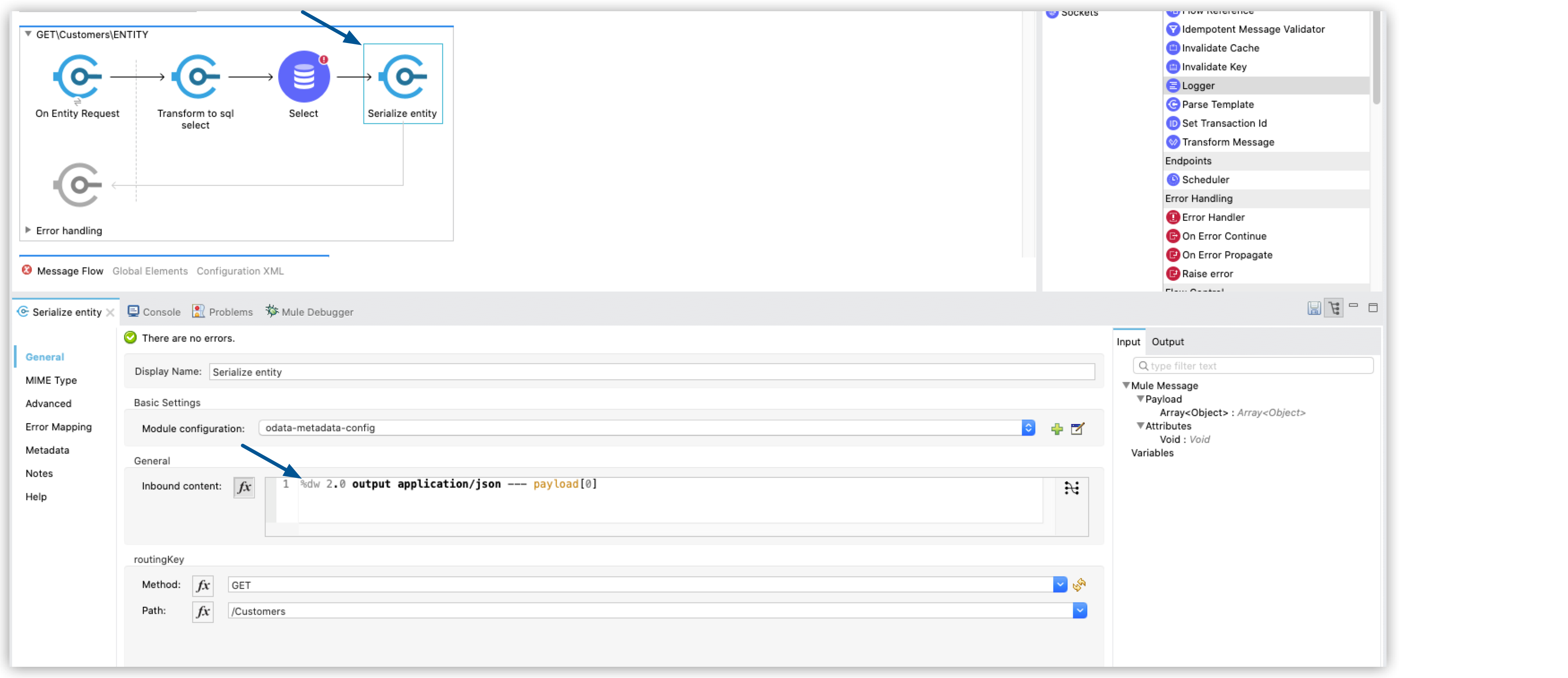 *Serialized entity* element and the *Inbound content* field highlighted