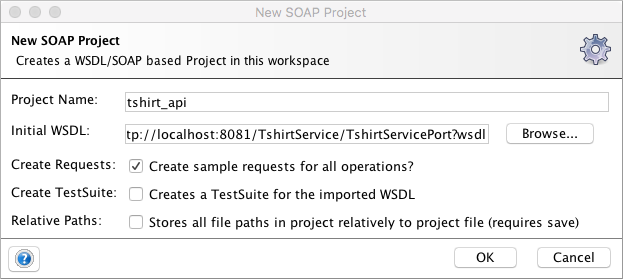 New SOAP project window displaying the initial WSDL file: http://localhost:8081/TshirtService/TshirtServicePort?wsdl