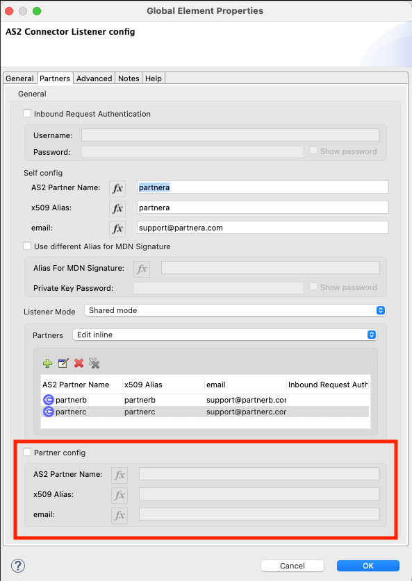 Do not configure fields in the highlighted section of the AS2 Connector Listener config screen