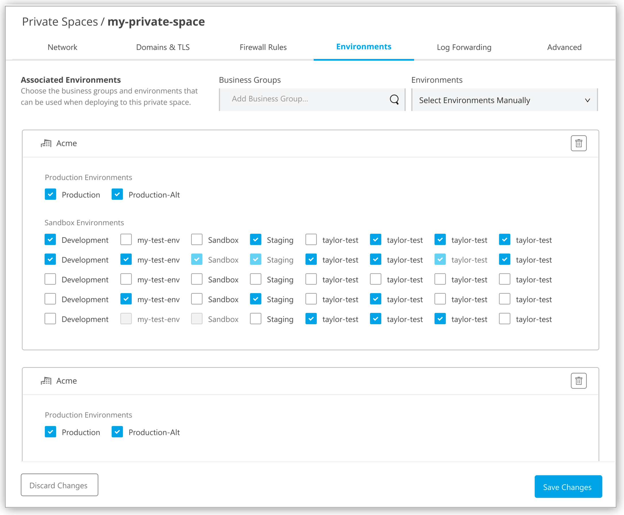 Select the environments from the drop-down list.