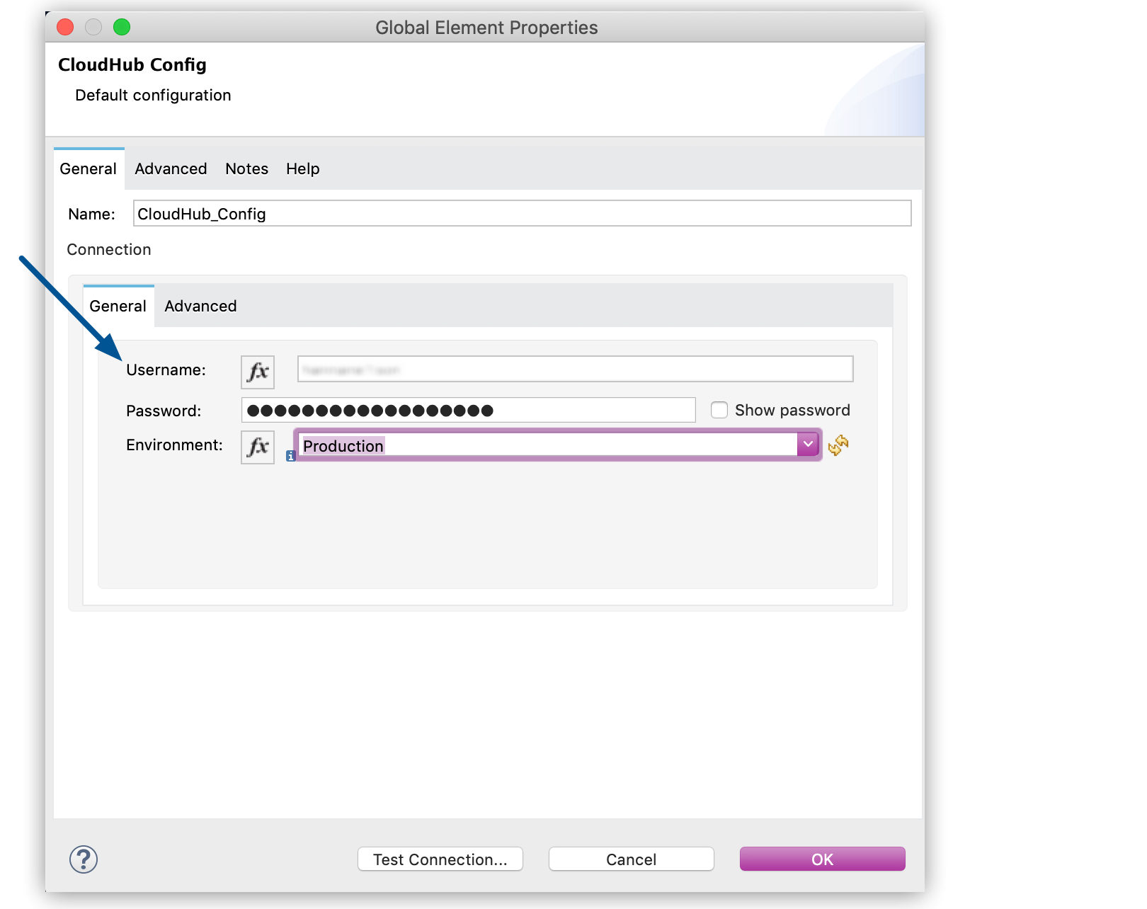 Username field in the Global Element Properties window