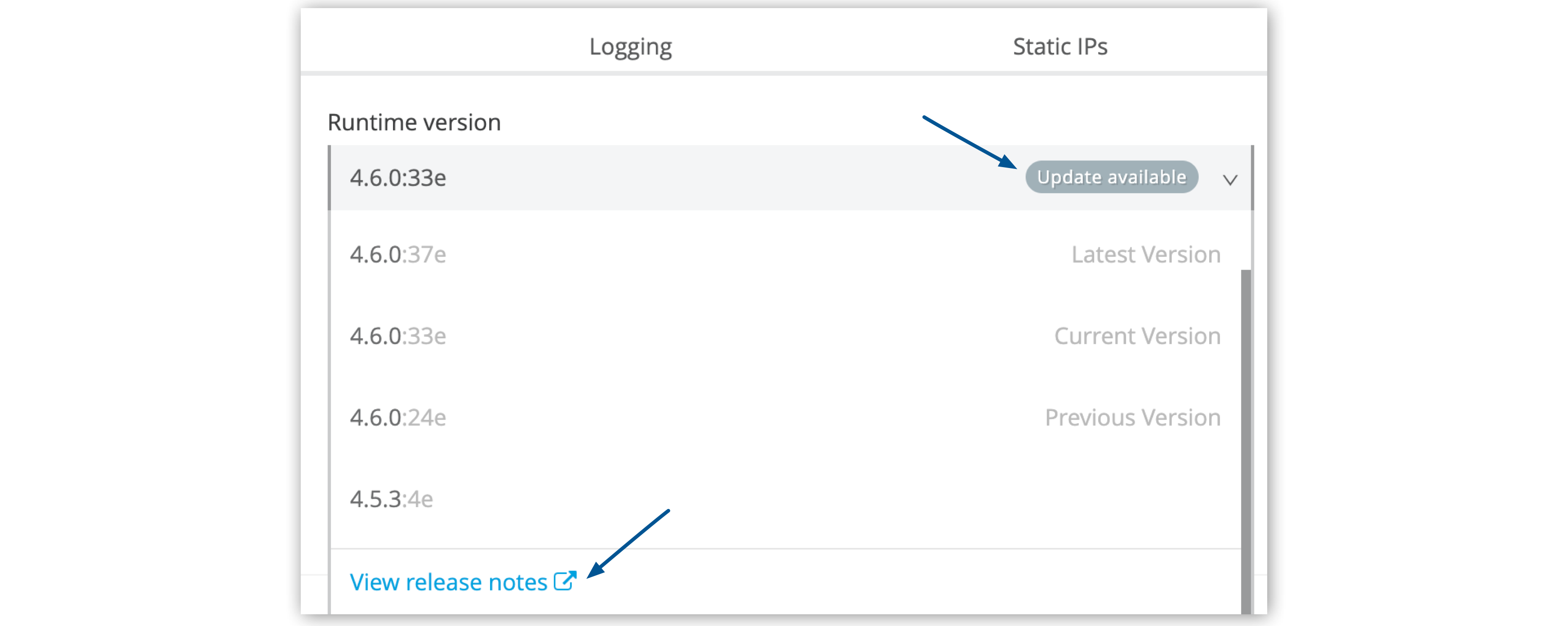 Update available and the Runtime version menu on the application Settings page