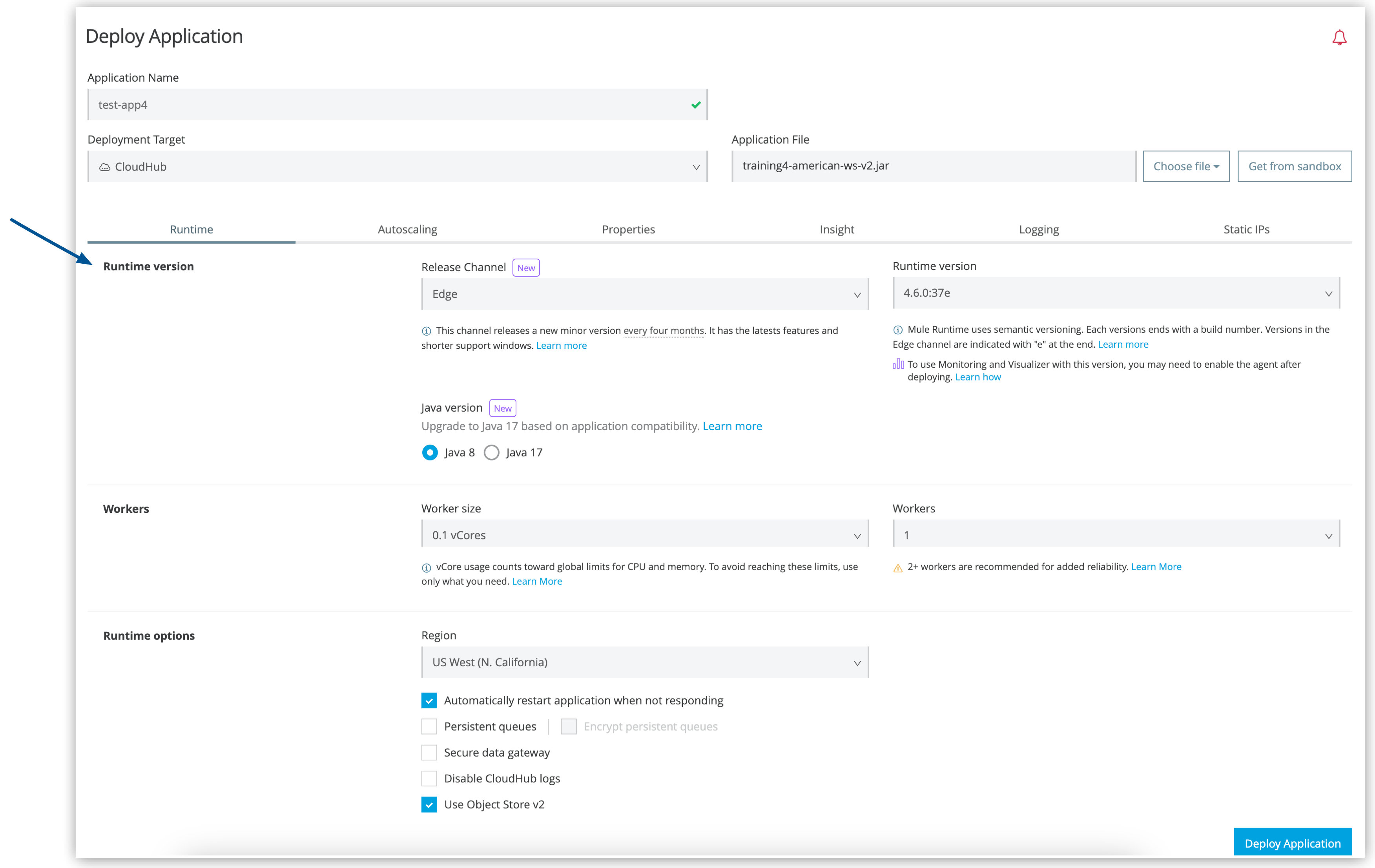 Configuration tabs on the Deploy Application page