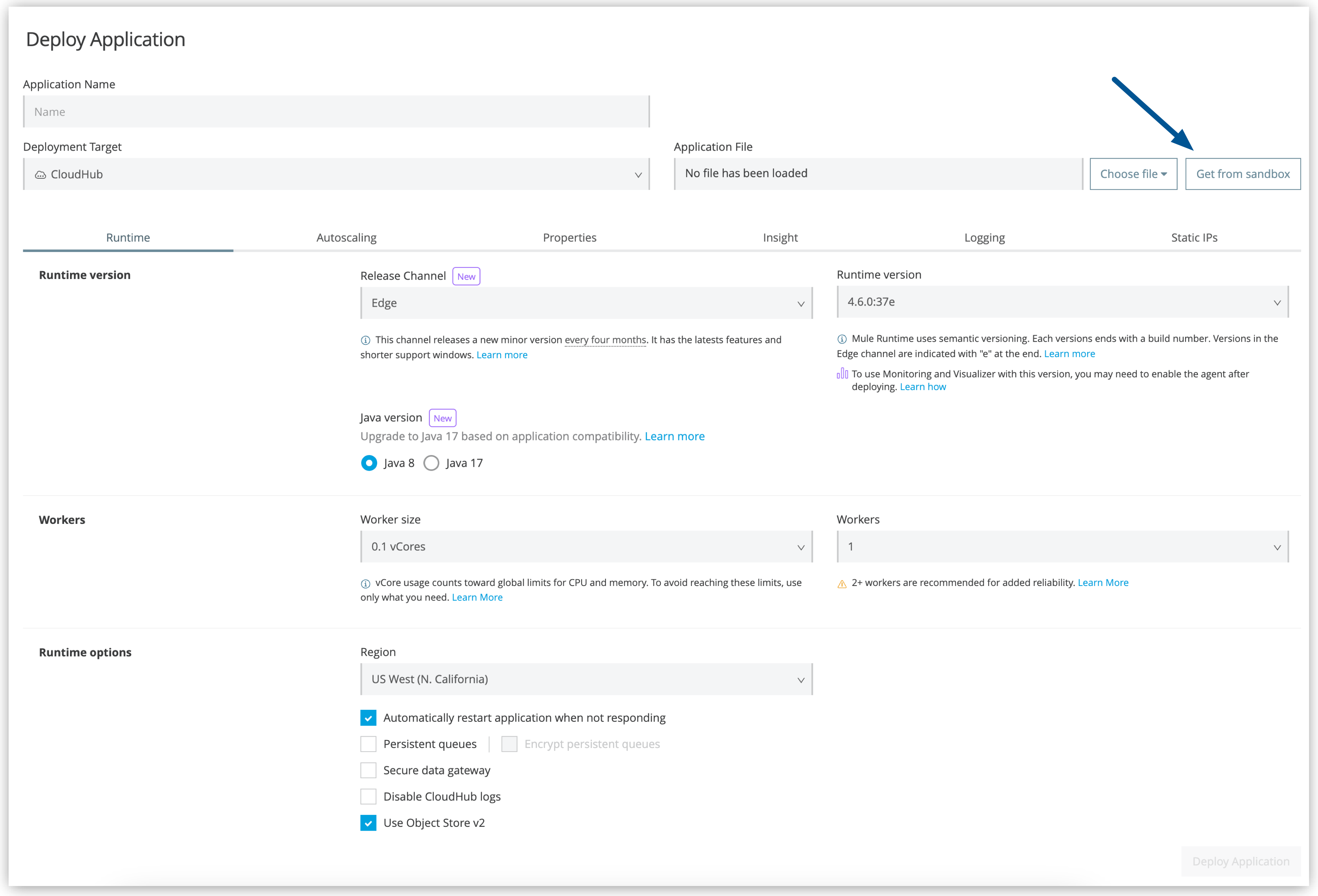 Application Name field and Get from sandbox and Deploy Application buttons