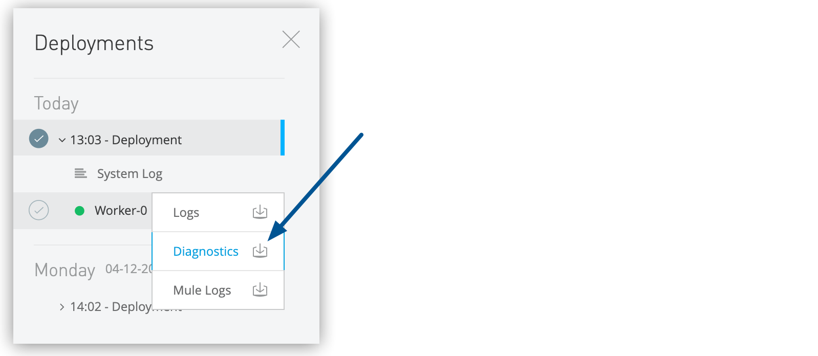 Download diagnostics by worker in the Deployments section