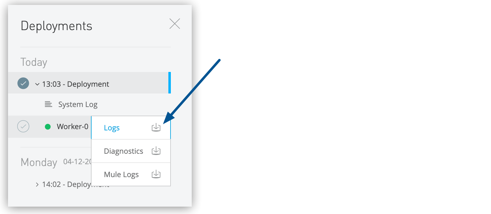 Download log output by worker in the Deployments section