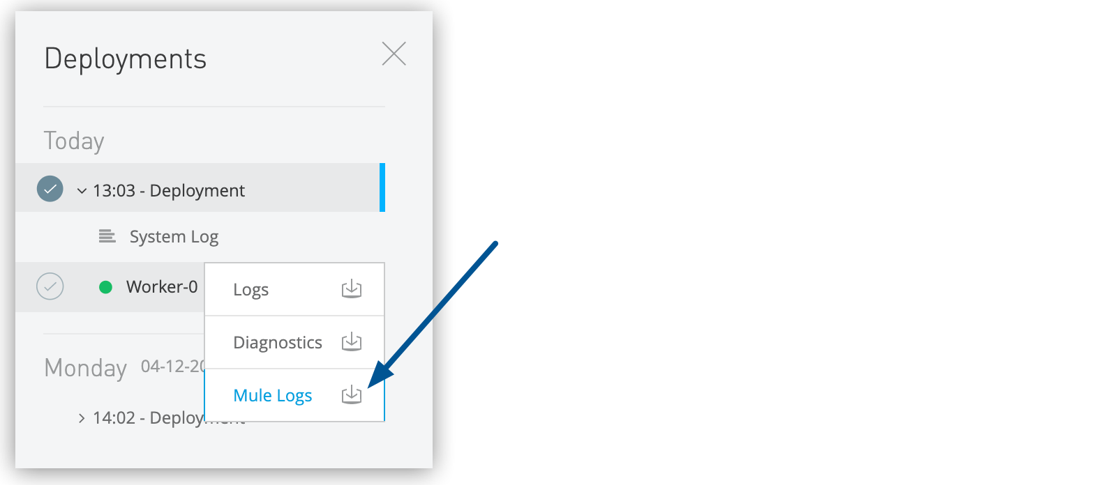 Download Mule log output in the Deployments section