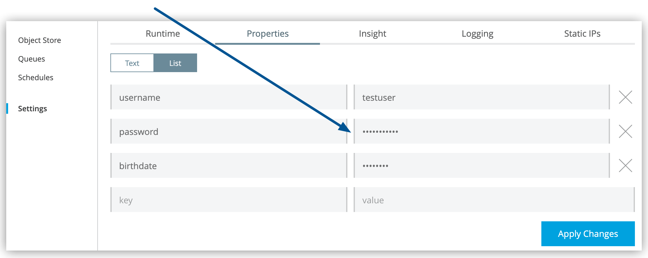 Hidden values in the Properties tab on the application Settings page