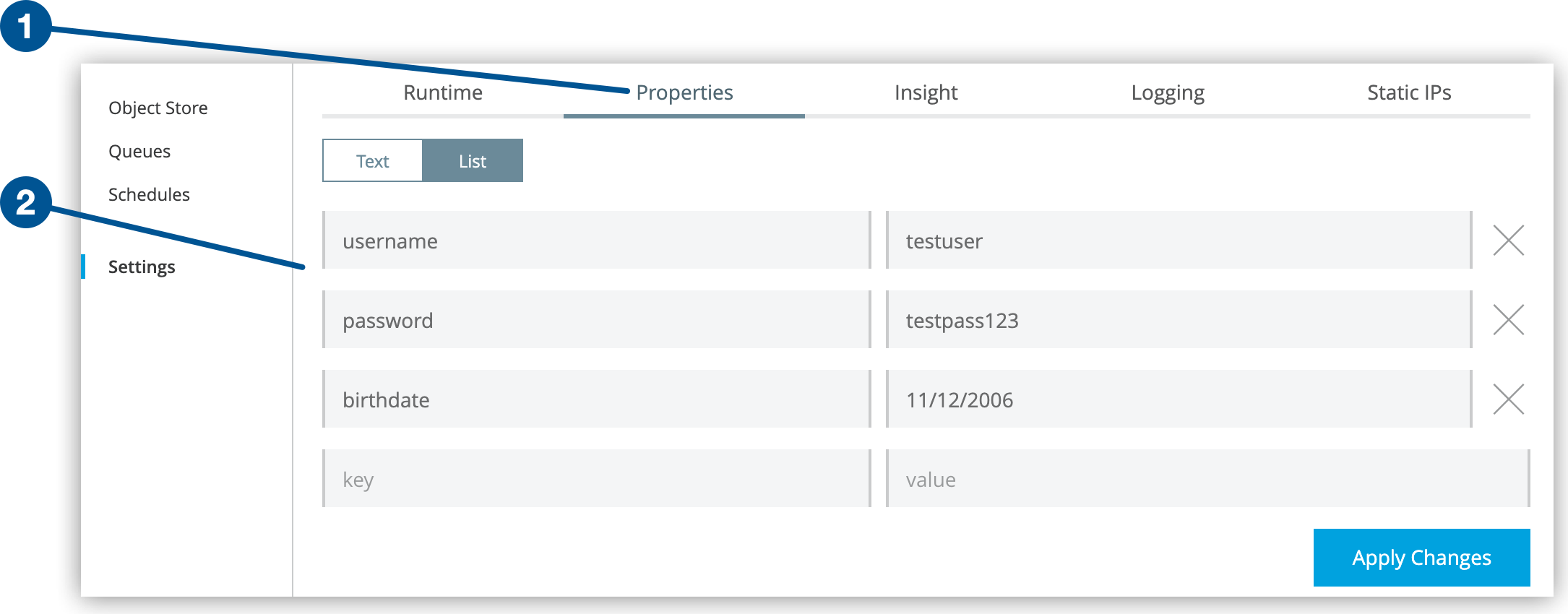 Properties tab and key-value properties on the application Settings page