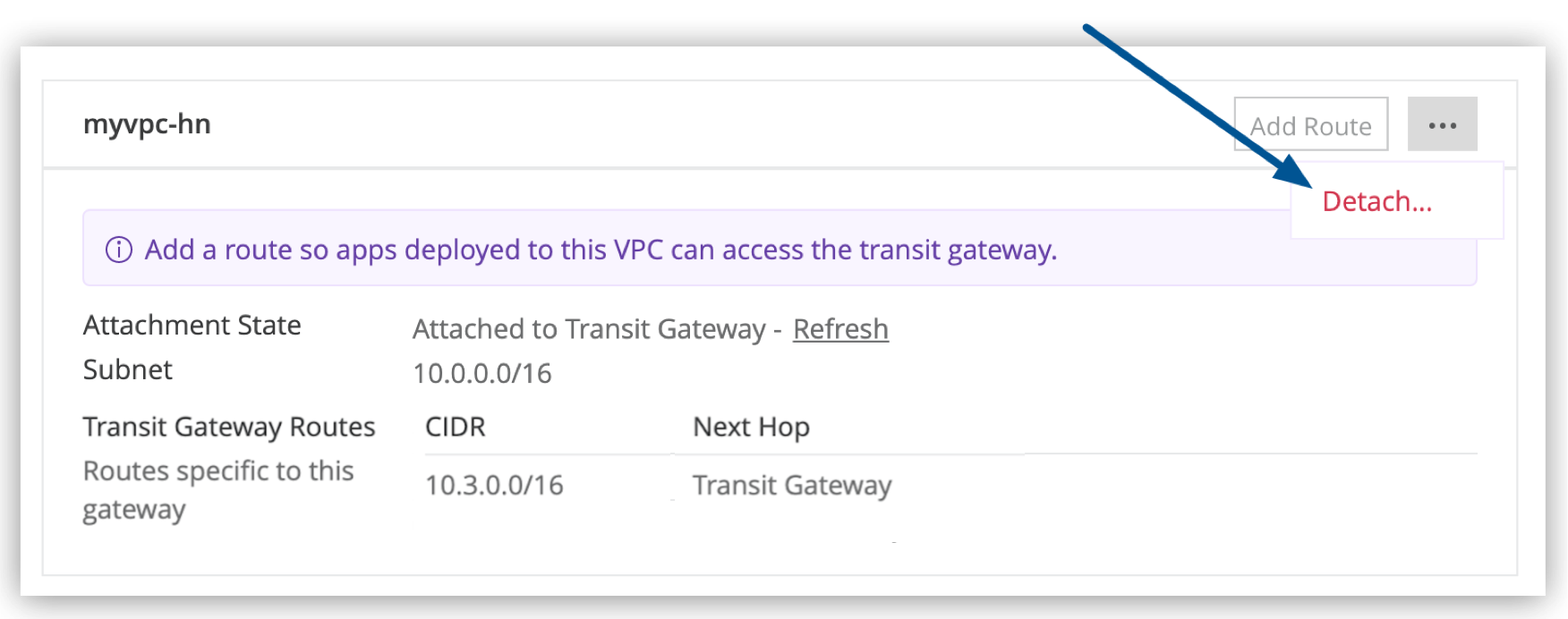 Detach VPC option in the VPC menu