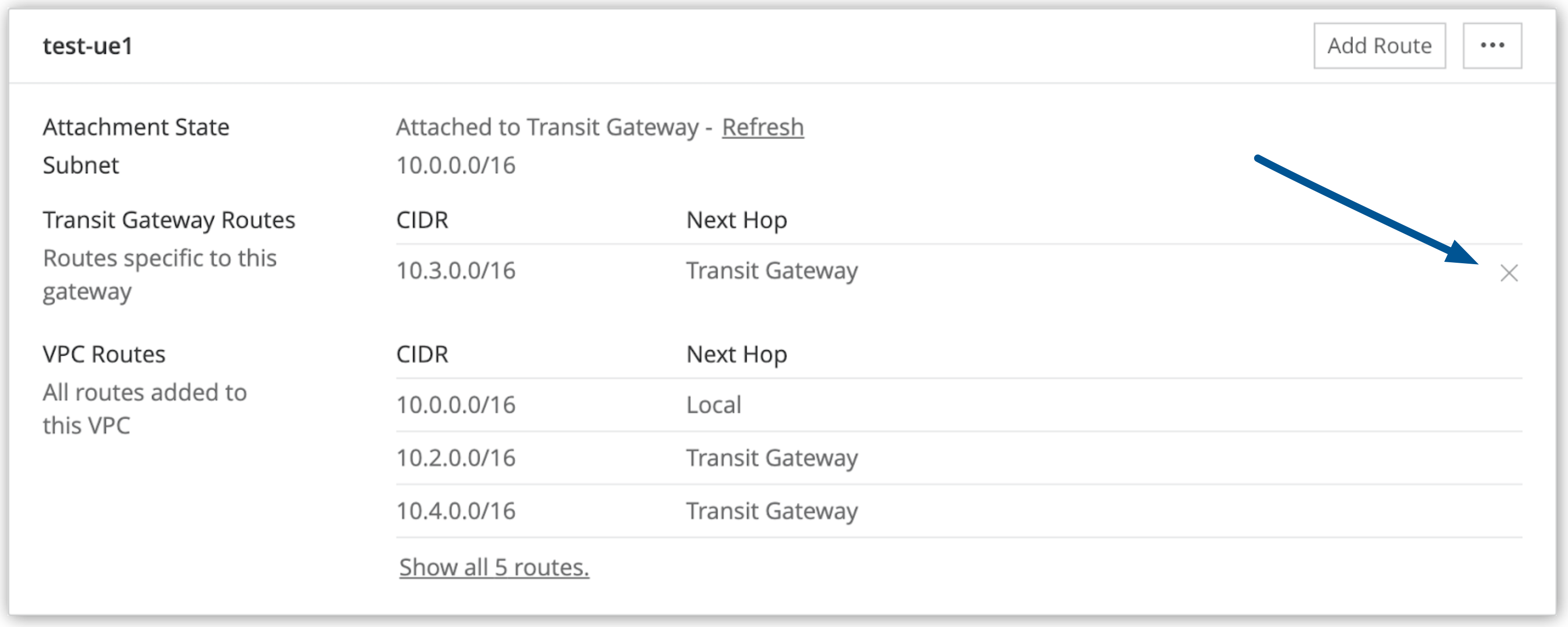 Remove route icon in the VPCs section