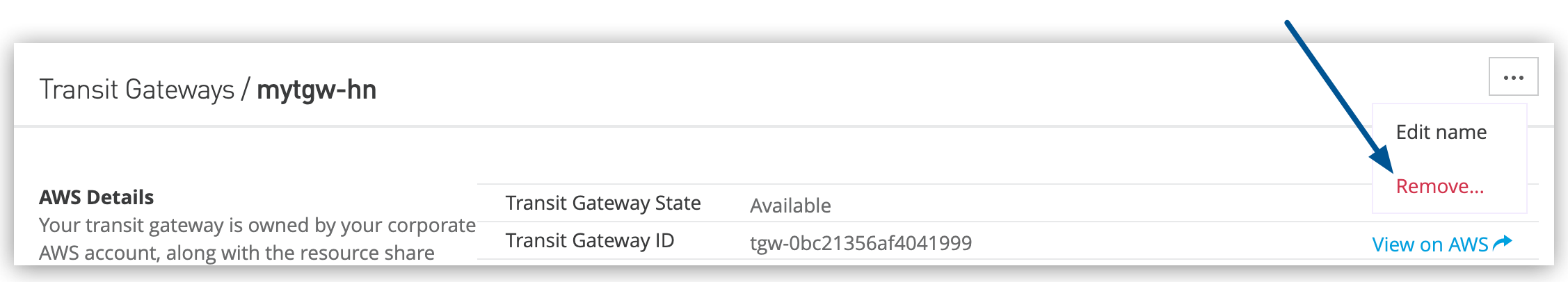 Remove option in the Transit Gateway menu