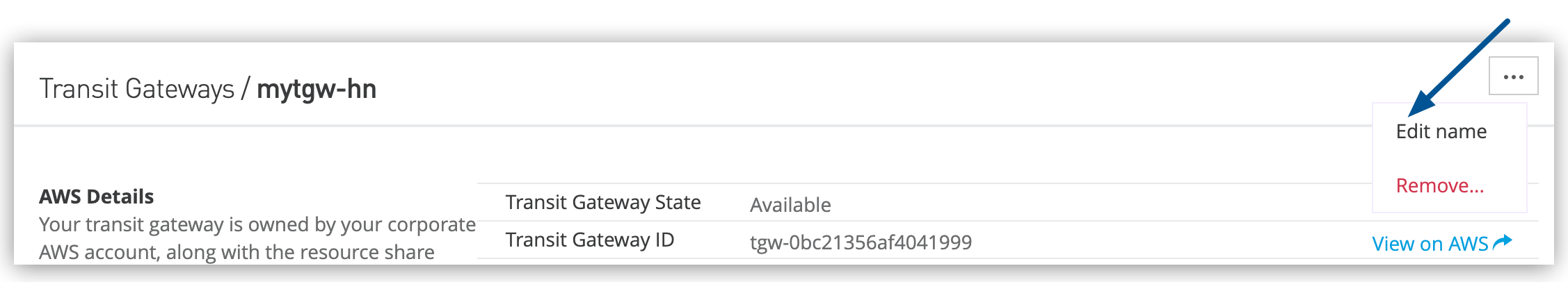 Edit name option in the Transit Gateways menu