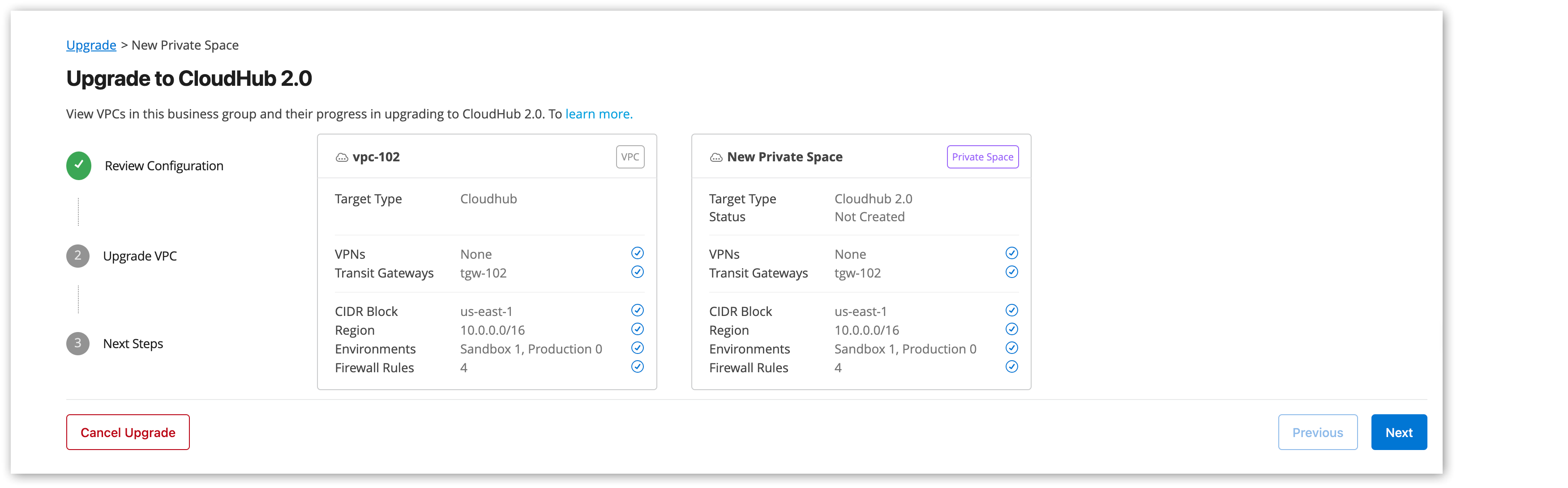 VPC upgrade review page showing available configurations.