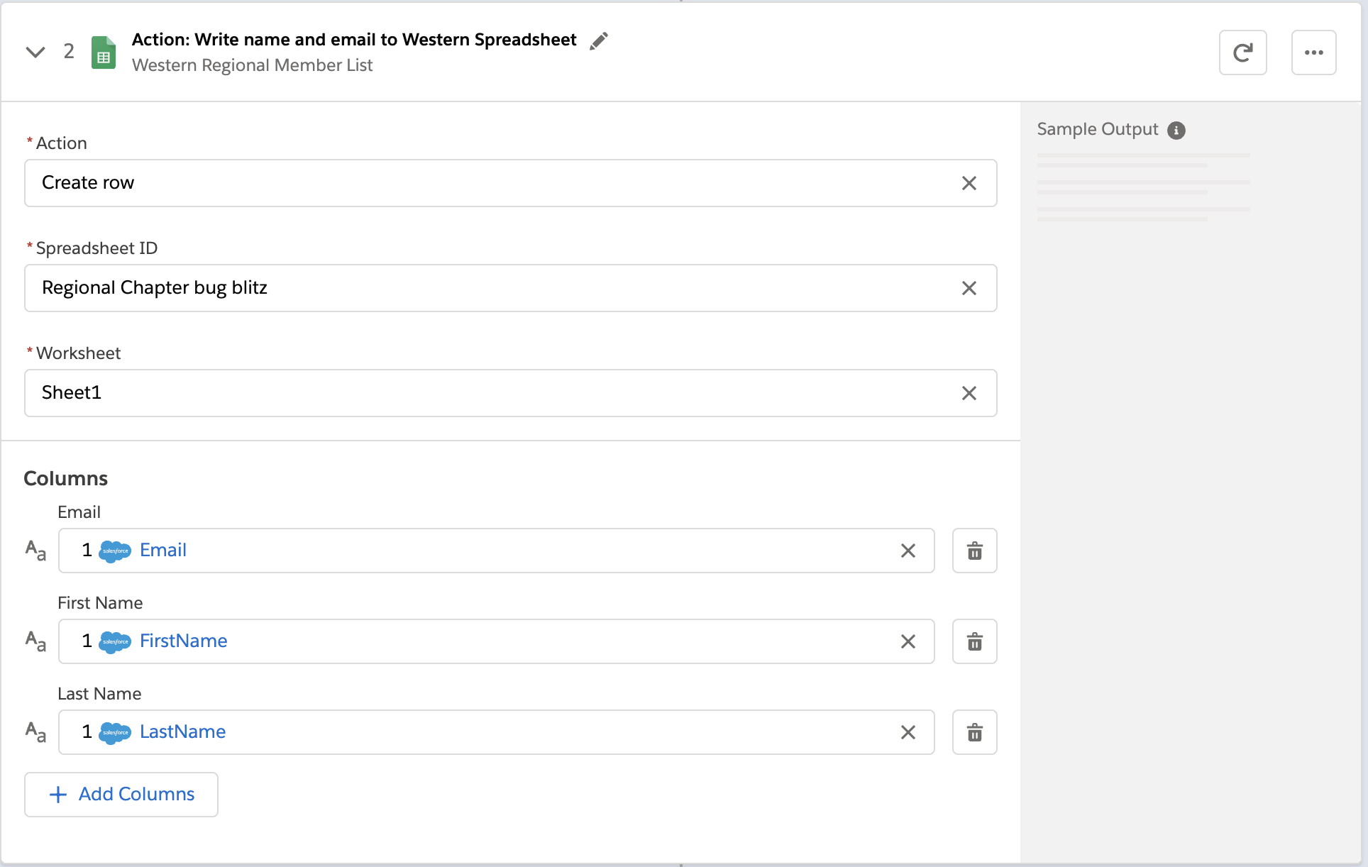 All the steps in the example action configuration