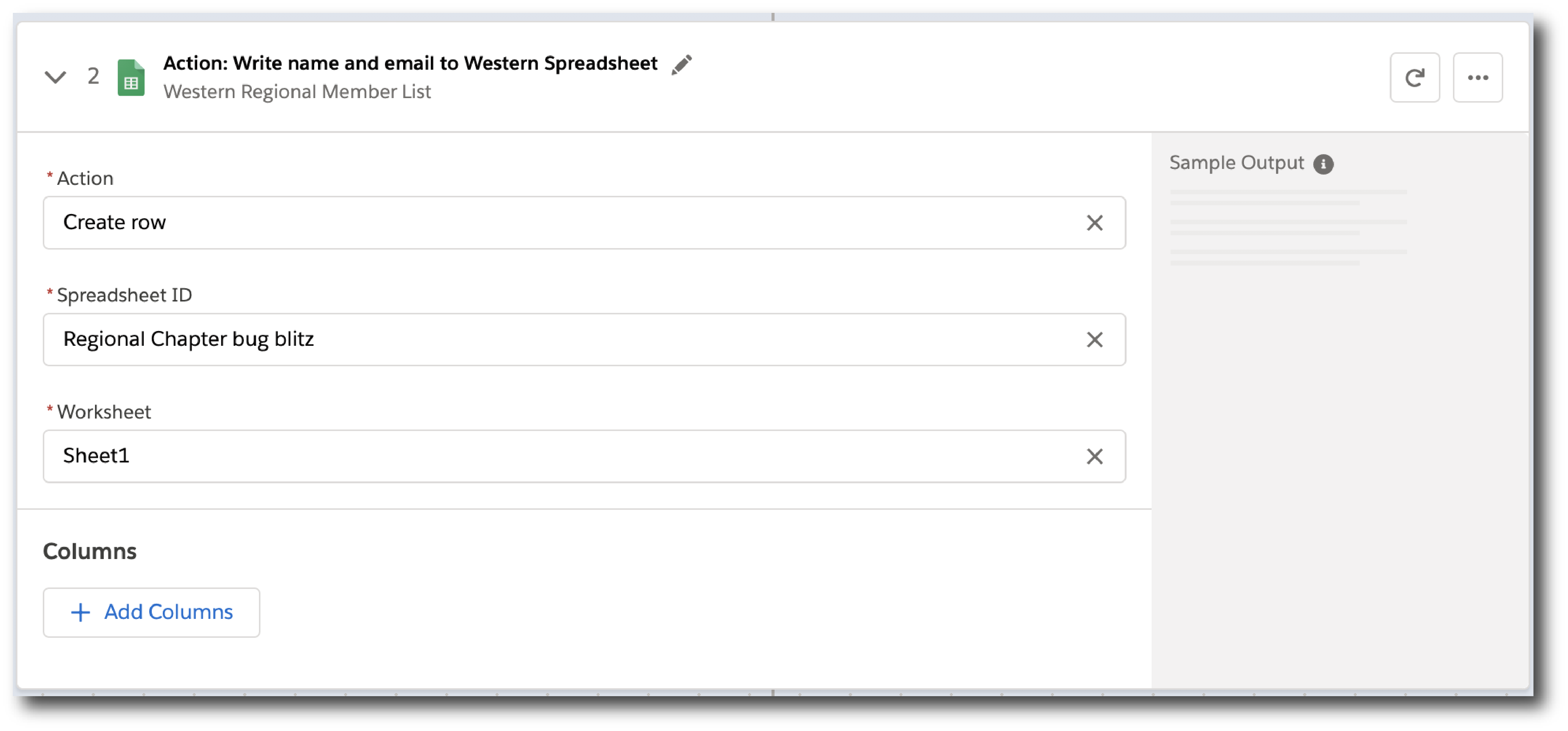 A step in the example action configuration to create a new row in a spreadsheet