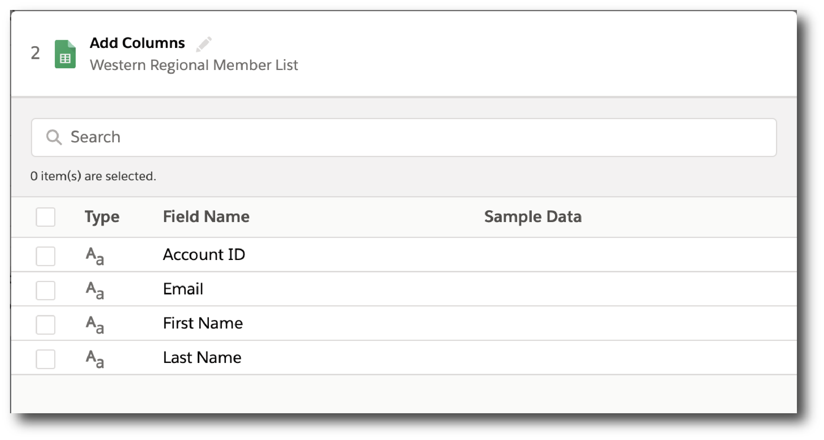 A step in the example action configuration to populate fields of a spreadsheet column