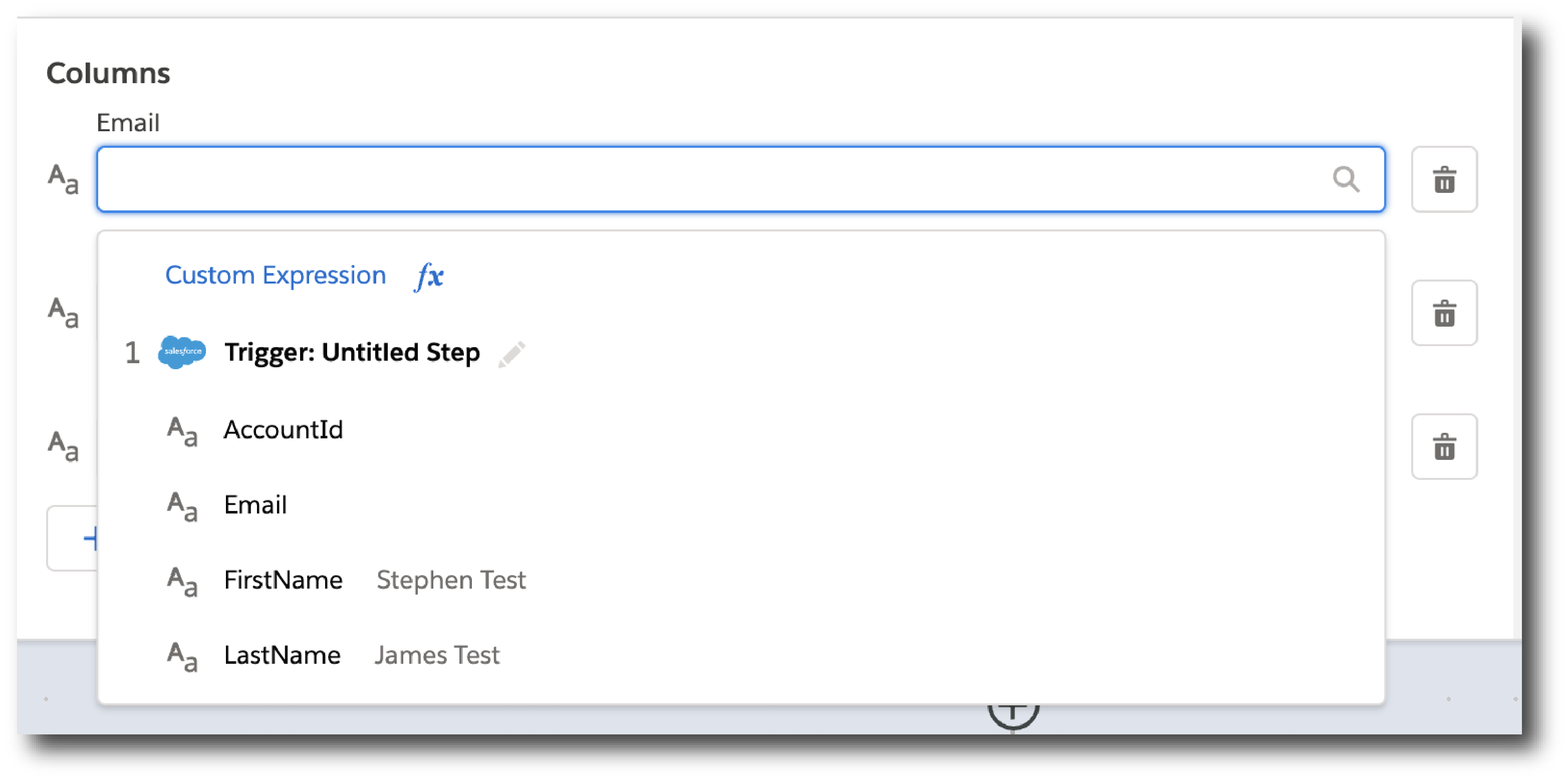 A step in the example action configuration to map fields