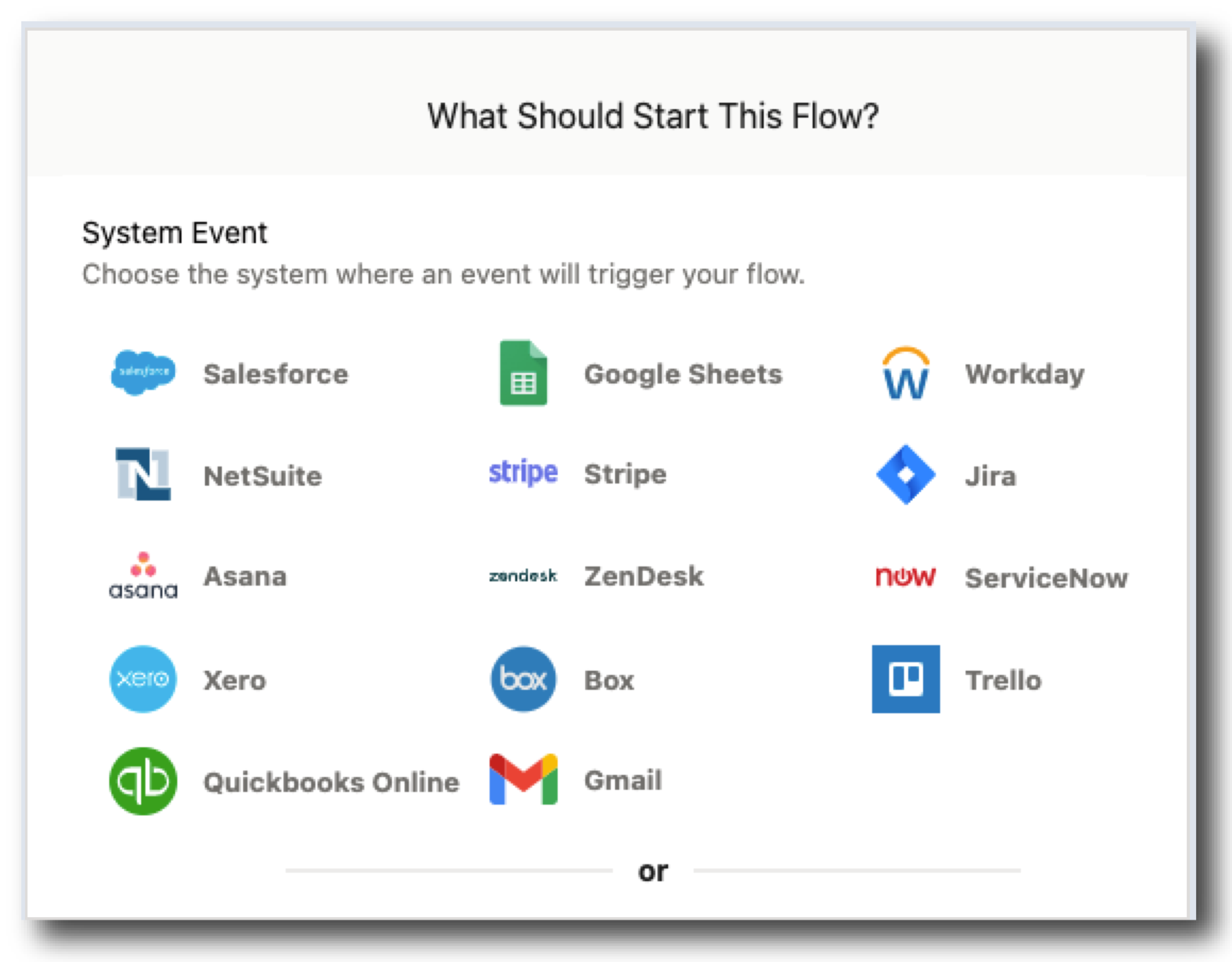 A connection dialog that shows a list of systems that can trigger a flow