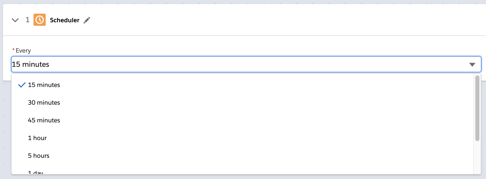 A dropdown menu with a list of time intervals, including 15 minutes, 30 minutes, 45 minutes, 1 hour, 5 hours, and 1 day