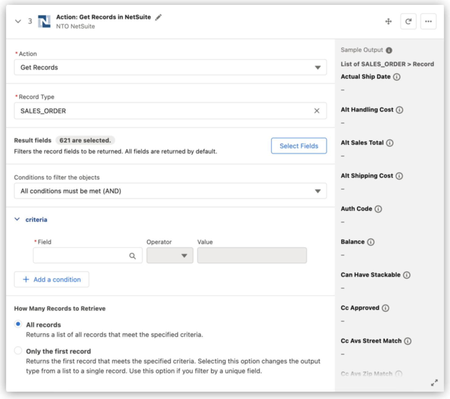 Get Records example action configuration for NetSuite Connector