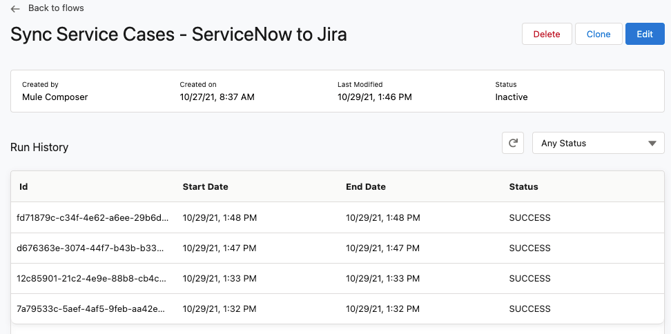 Flow run history and other flow details in MuleSoft Composer