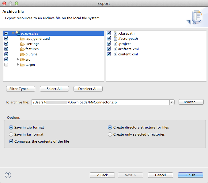 Window for exporting resources to an archive file on the local file system