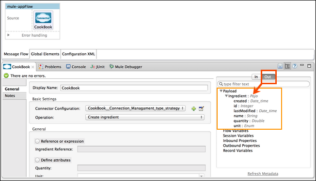 Configuration panel that shows output metadata