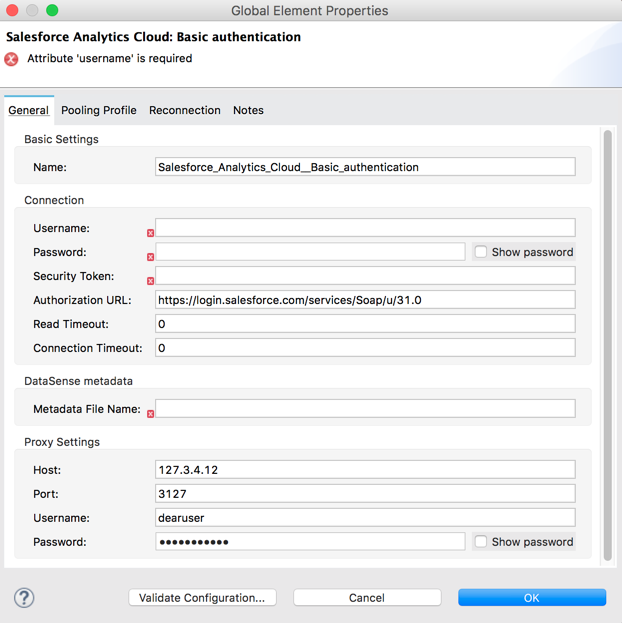 A configuration window with fields for connection details, including username, password, authorization URL, and proxy settings